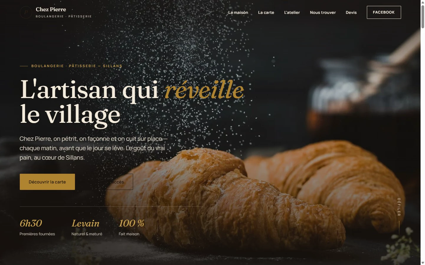Concept de site Chez Pierre : grand visuel de boulangerie et présentation de son univers